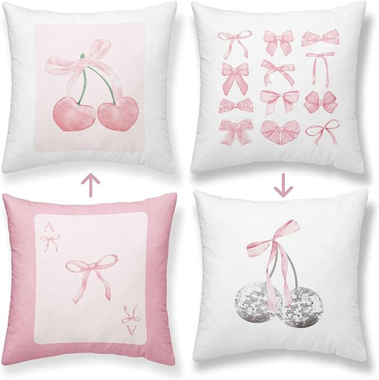 Pink Coquette Preppy Bedding Throw Pillow Covers, Preppy Trendy Aesthetic Cute Room Decor Pillows Cases, Pink Bow Cherry Disco Ball Pillowcases for Teen Sofa Dorm Girls Bedroom, 18x18 Set of 2