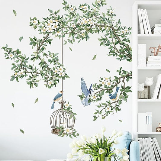 Birdcage Plant Leaves Wall Stickers Branch Vine Birds Wall Decals Peel and Stick Wall Art Decals for Living Room Bedroom TV Wall