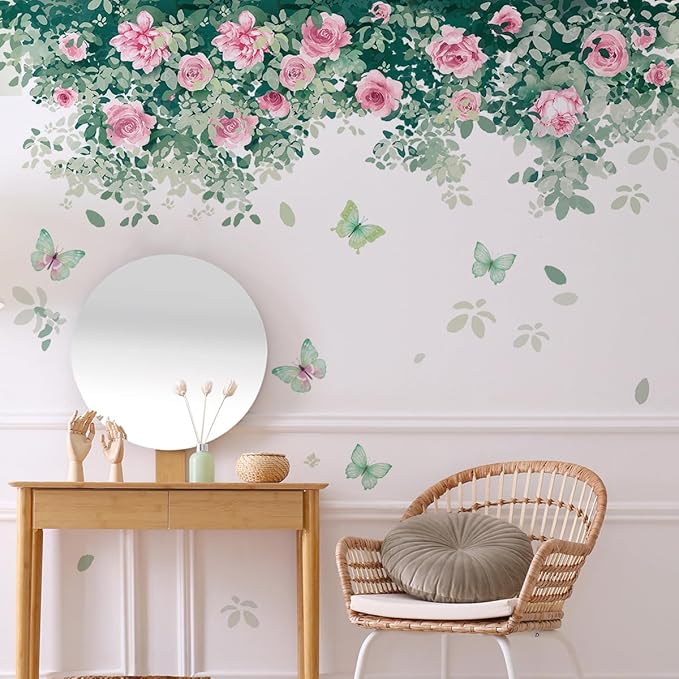 Pink Rose Wall Stickers - Stylish Home Decor with Green Leaves, 30x90cm