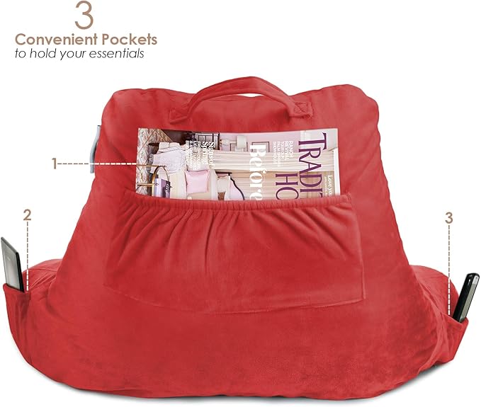 Nestl Reading Pillow Standard Bed Pillow, Back Pillow for Sitting in Bed Shredded Memory Foam Chair Pillow, Reading & Bed Rest Pillows Cherry Red Back Pillow for Bed, Bed Chair Arm Pillow with Pockets