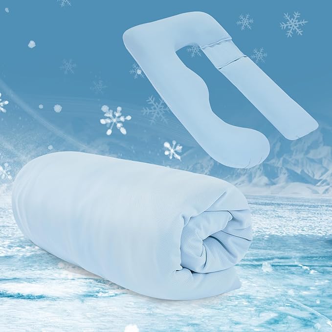 Cooling Pregnancy Pillow Cover (ONLY Pillowcase), Q-Max 0.4 U Shaped Luxurious Smooth Maternity Pillow Cover with Hidden Zip, Cool Large Pillow Protector for Side Hot Sleeper, Blue, 59x31 in