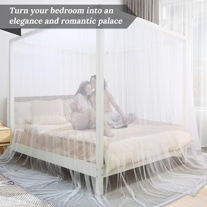 South to East White Canopy Bed Curtains, 4 Corner Post Bed Canopy for Girls & Adults, Top Luxurious Bed Drapes for Bedroom Decoration, 4 Openings, 100% Ripstop Polyester, Easy Install, King/Queen Size