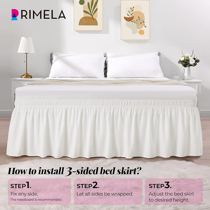 RIMELA Ivory Bed Skirt Queen Size 12 Inch Drop, Wrap Around Elastic Adjustable Bedskirt, Bed skirting Dust Ruffle for Bed Frame & Box Spring Soft Durable Fabric Machine Washable Easy to Install