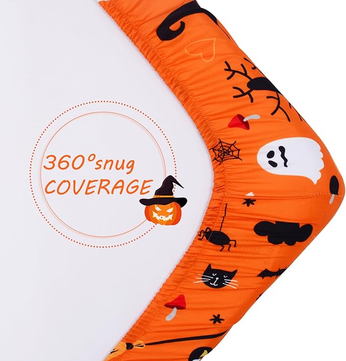 JISEN Baby Crib Sheet 1 Piece Portable Fitted Crib Sheet for Standard Crib and Toddler Mattresses Nursery Bed Decor for Boys Girls 28x52 Halloween Ghost