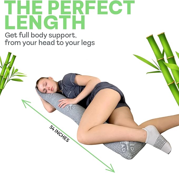 Sacred Thread 54”x8” Cylinder Body Pillow, Grey Cooling Hug Pillow for Adults, Memory Foam Cuddle Pillow, Soft and Supportive Long Body Pillow for Side Sleepers and Pressure Relief