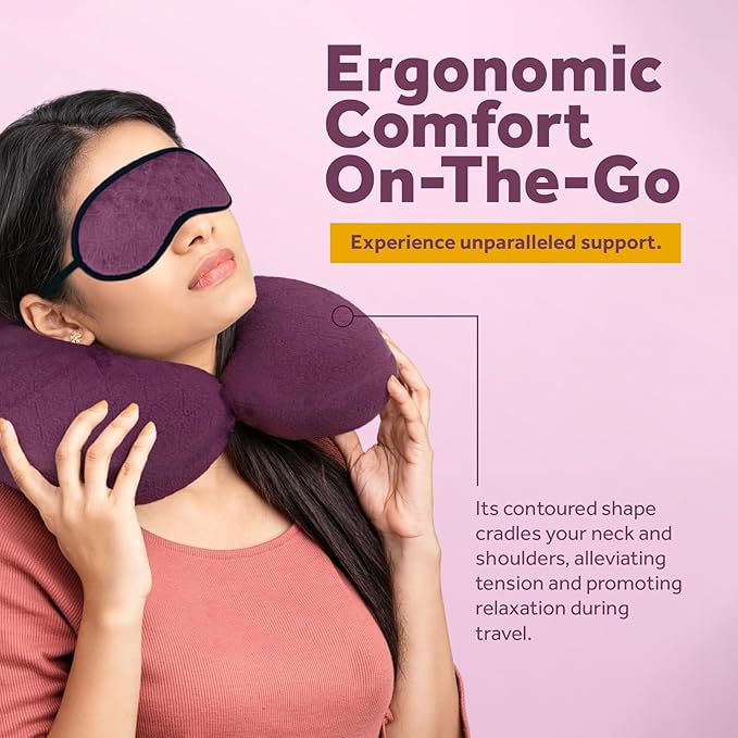 Pursonic Memory Foam Neck Pillow with Eye Mask - Ergonomic Travel Pillow, Breathable Fabric, Compact & Portable, Available in Purple, Teal, Grey (Grey)