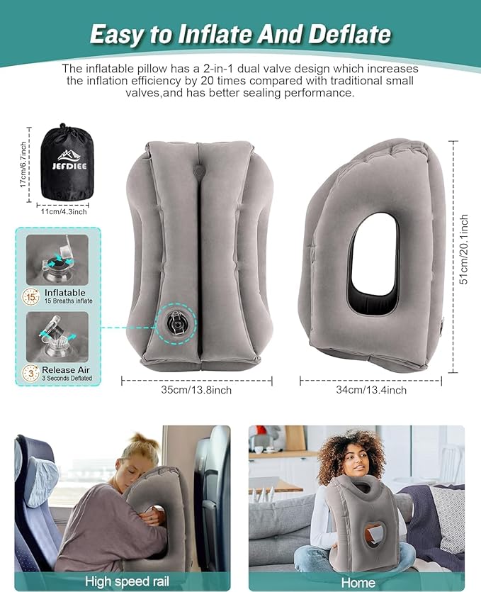 JefDiee Inflatable Travel Pillow for Airplanes, Airplane Neck Pillow Comfortably Supports Head and Chin for Airplanes, Trains, Cars and Office Napping (Grey)