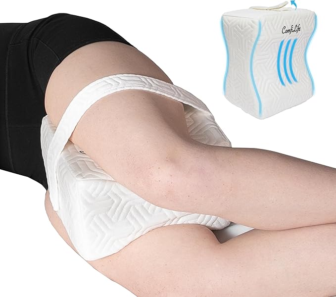 ComfiLife Knee Pillow for Side Sleepers – Cooling Leg Pillow for Side Sleeping – Knee Pillow with Strap for Hip Pain, Back Pain, Sciatica Pain Relief – Memory Foam Hip Pillow Contour Design