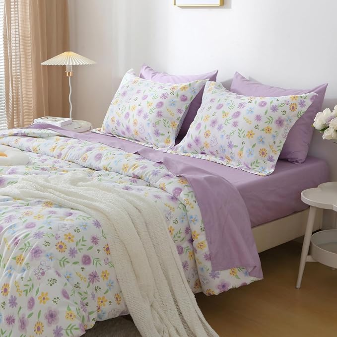 Wajade Floral Comforter Set Bed in A Bag Twin Size 7 Piece Purple Flower Green Leaves Rabbits Bedding Set for Girls (1 Comforter, 1 Flat Sheet, 1 Fitted Sheet, 2 Pillowcase and 2 Pillow Sham)