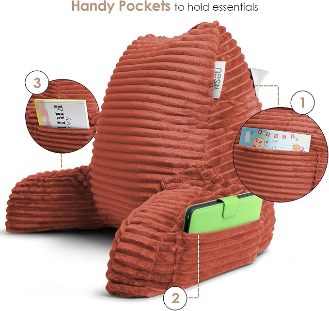 Nestl Reading Pillow with Portable Lap Desk Stand for Laptop 22x14”, Cut Plush Striped Back Pillow, Back Support Pillow, Shredded Memory Foam Bed Rest Pillow with Arms for Kids & Teens, Medium - Misty