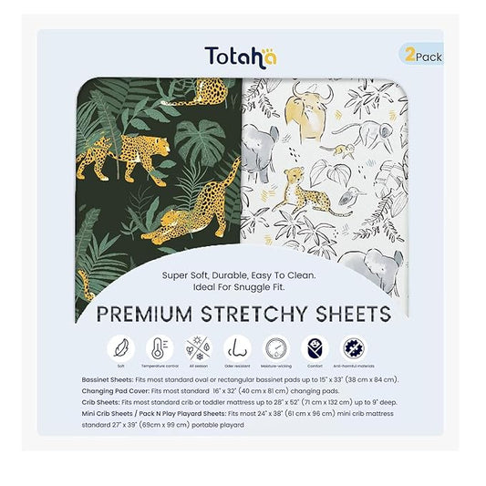 TotAha Premium Stretchy Cheetah Crib Sheets (2-Pack)-Hypoallergenic, Silky Comfort, Buttery Soft, Calming Effect, All-Season Jersey-Knit Sheets, 9'' Extra Deep Pocket, Wild Leopard