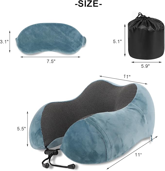 Pure Memory Foam Travel Pillow Set for Adults - Comfortable & Breathable Removable Cover, Airplane Travel Kit with Eye Mask & Portable Storage Bags for Plane Accessories - Blue