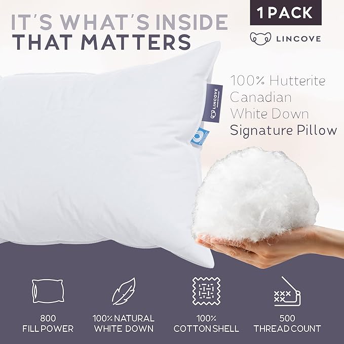 Lincove Signature 100% Natural Canadian White Down Luxury Sleeping Pillow - 800 Fill Power, 500 Thread Count Cotton Shell, Made in Canada, Queen - Medium, 1 Pack