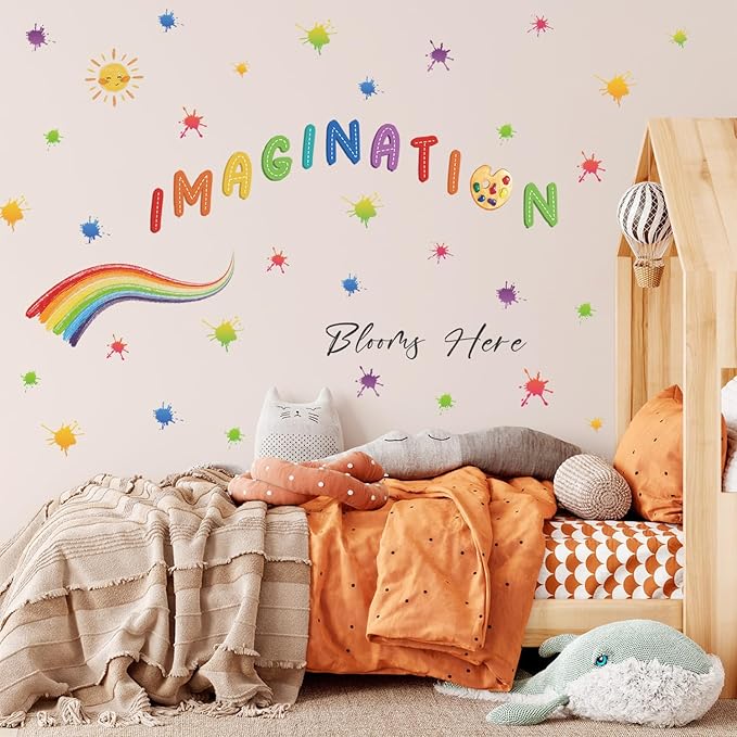 LHIUEM Colorful Imagination Kids Wall Stickers Blooms Here 46 PCS Splatter Splotches Wall Decals for Classroom Rainbow Contact Paper Watercolor Sun Star Wallpaper for Boys Girls Playroom Bedroom Nursery