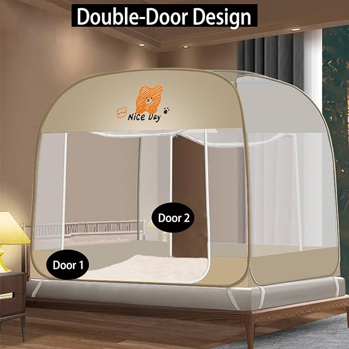 CMINGJ Mosquito Net for Bed, Portable pop up Mosquito Netting with Bottom, Free Installation-Suitable for Bedroom, Camping, Folding Portable Design for Baby Adults (Orange Bear)