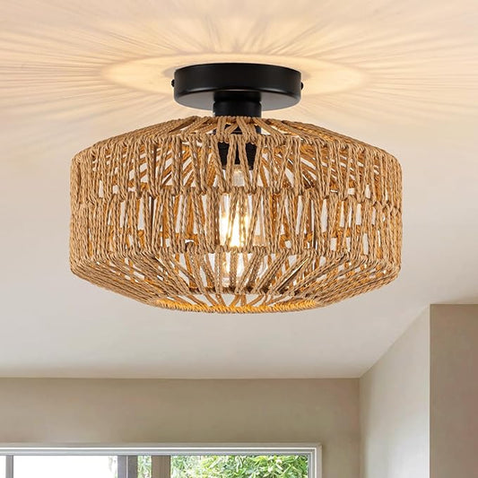 MAYNA Rattan Ceiling Light Fixture, Hand-Woven Boho Light Fixtures Ceiling Mount, Rattan Flush Mount Ceiling Light for Farmhouse Hallway Bedroom Kitchen Entryway Living Room (Black)