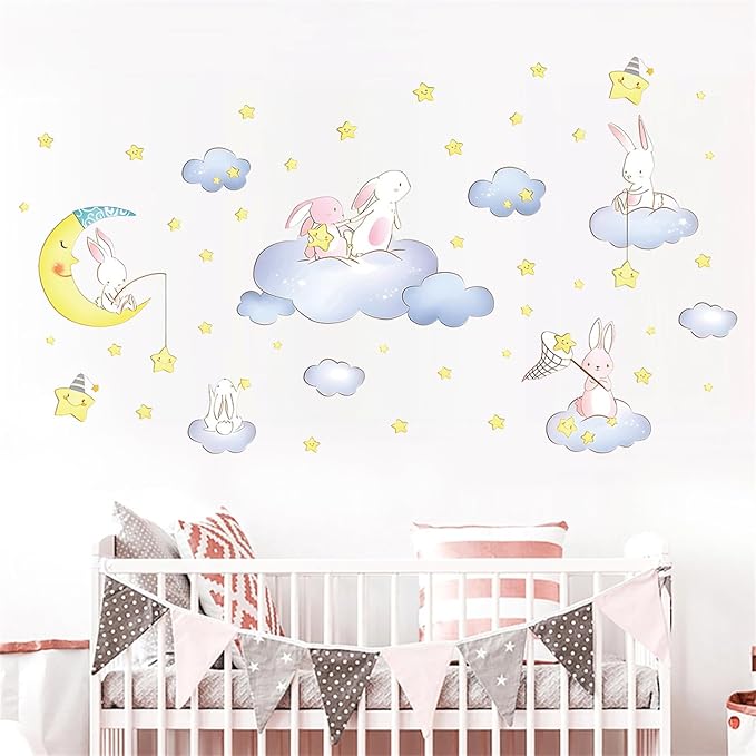 Cartoon Cute Rabbit Wall Decal The Moon and Stars Cloud Bunny Wall Stickers Nursery for Bedroom Girls Decor