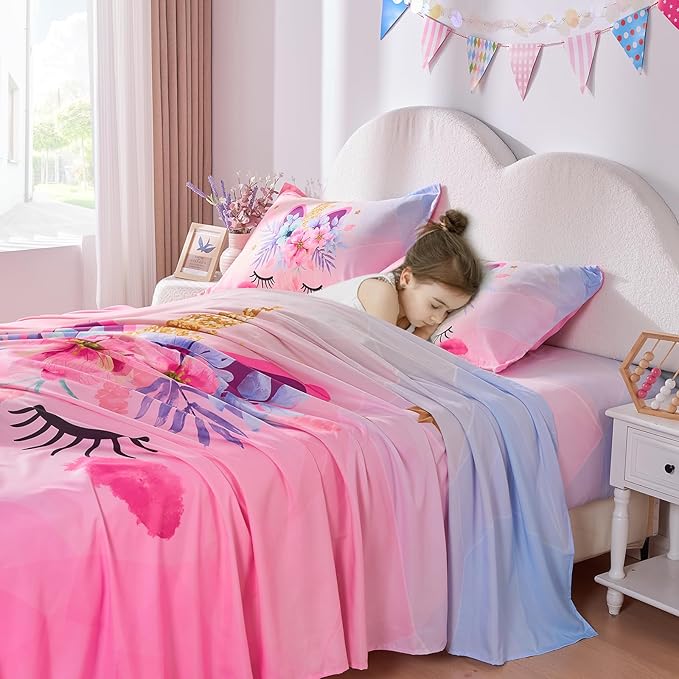 VIVILINEN Full Size Sheet Set 4 Piece Kid Sheets Set for Girls Pink Unicorn Full Bed Sheets Set for Teens Bedding Set Include Flat Sheet, Deep Pocket Fitted Sheet and Pillowcase