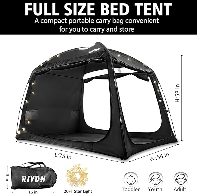 Bed Tent Bed Canopy Breathable 100% for Adult and Kids Light Reduction Sleeping Dream Tents Indoor Portable Big Space with String Light 3 Doors Twin Full Queen King Size