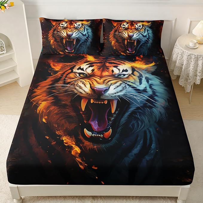 AILONEN Tiger Fitted Sheet Set Full Size for Boys, Safari Tiger Bed Sheet Set for Kids Teen,3 Pieces Wildlife Bedding Flame Animal Tiger Print Fitted Sheet with 2 Pillowcases