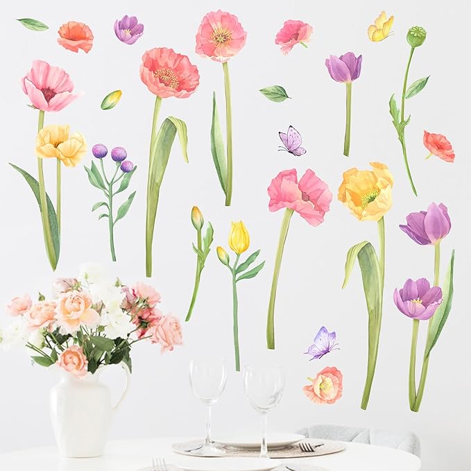 Mfault Spring Large Tulip Flower Wall Decals Stickers, Summer Colorful Garden Floral Butterfly Decorations Bedroom Art, Watercolor Leaves Seasonal Home Living Room Kitchen Decor Gift
