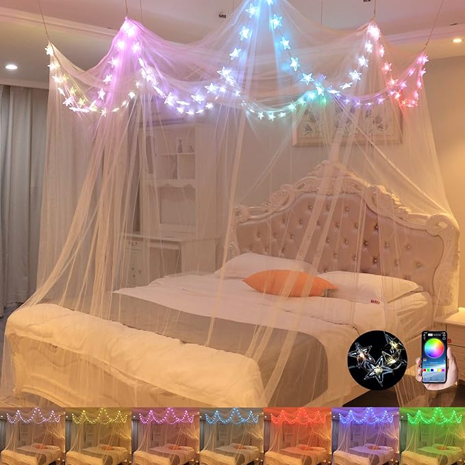 Bed Canopy with LED Star Lights, Canopy Bed Curtain with RGB Color Changing String Lights with Smart App Control Remote for Princess Girls Bedroom, Suggested for Twin Full Queen King Bed