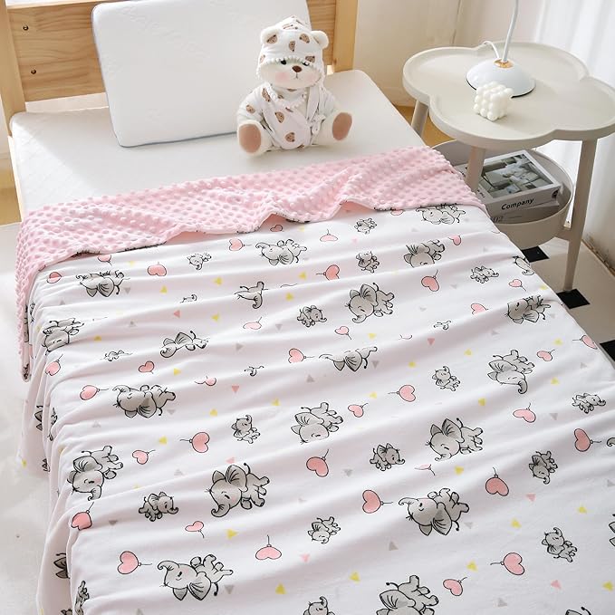 DaysU Silky Micro Soft Plush Baby Blankets for Girls with Print Animal Pattern and Soothing Raised Dots, Double Layer Bed Throws for Toddler Cot, Elephant, Pink, 50x60 Inches