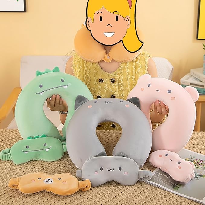 Kids Neck Pillow for Travel with Sleep Eye Mask, Cute Travel Neck Pillow, Memory Foam Flight Sleeping Headrest Pillow for Boys & Girls, Airplane, Train, Car, Home Use - Green Dinosaur