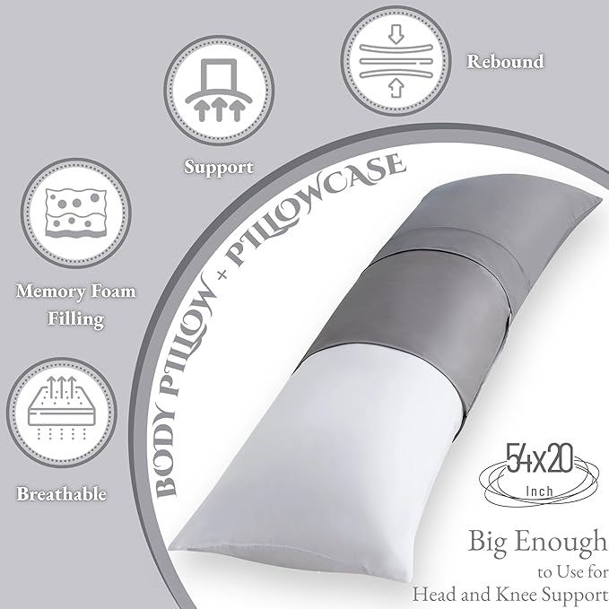 Ubauba Memory Foam Body Pillow with Cover, Full Large Body Pillows Insert for Adults with Envelope Closure Pillowcase, Firm & Fluffy Long Bed Pillows for Sleeping (20x54 inch, Dark Grey)