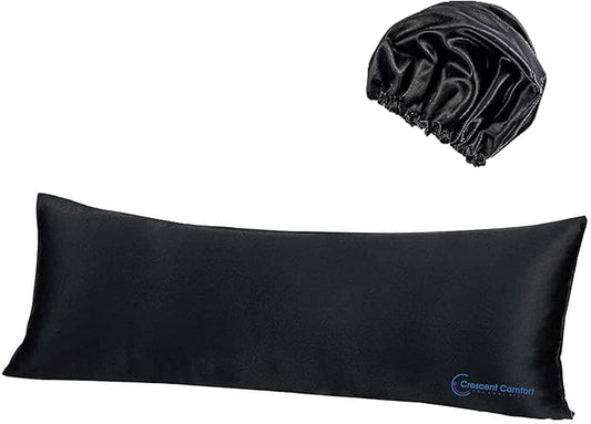 Memory Foam Body Pillow (Black, 20 x 54 Inch) - Full Body Pillows for Adults - Large Body Pillow Insert with Pillowcase for Back & Side Sleepers, Black Silk Body Pillow Cover & Silk Bonnet