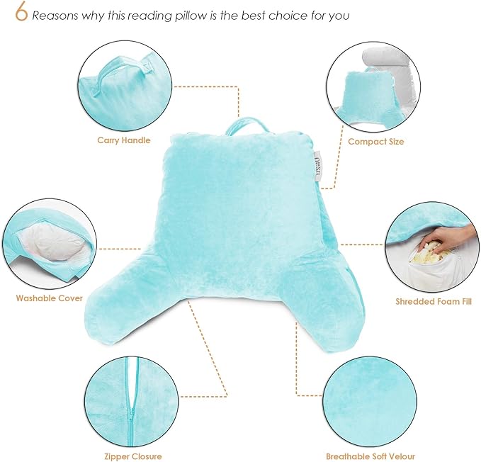 Nestl Reading Pillow Standard Bed Pillow, Back Pillow for Sitting in Bed Shredded Memory Foam Chair Pillow, Reading & Bed Rest Pillows Light Blue Back Pillow for Bed, Bed Chair Arm Pillow with Pockets