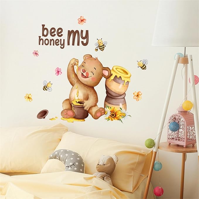 Cute Bear Bees Honey Jar Wall Stickers, sacinora Sunflower Cartoon Animal Bee My Honey Wall Decals Removable Vinyl Peel and Stick for Kids Baby Nursery Bedroom Kitchen Art Decoration