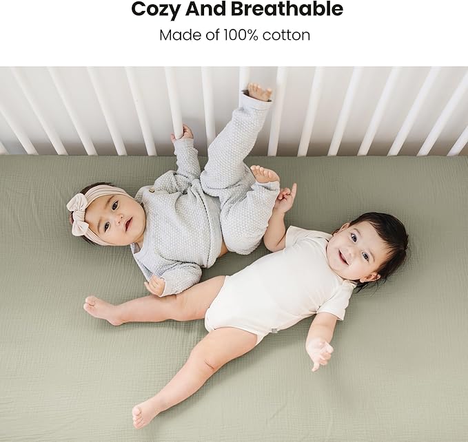 Konssy Muslin Fitted Crib Sheets 100% Cotton Baby Crib Sheets for Standard Crib Mattress (28 X 52 Inches), Soft and Breathable for Boys Girls (Fog Green)