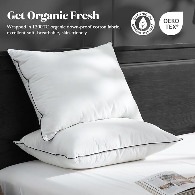 BPC Luxury Feather Down Pillow Queen Size Set of 2 - Medium-Firm Feather Pillow, 3-Chamber Bed Pillow Inserts with Organic Cotton Cover, Surrounded by Polyester, 20x30 Inches