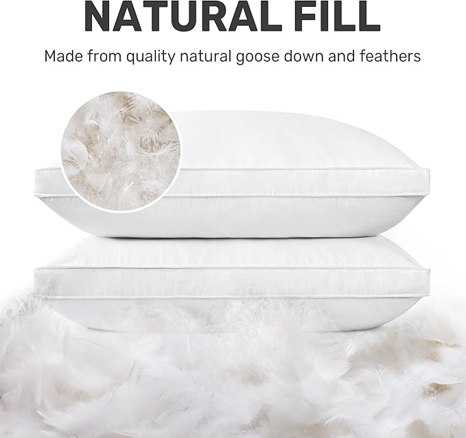 UNIKOME Goose Down Feather Pillows with 100% Cotton Cover, Gusseted Bed Hotel Collection Pillows for Sleeping, King Size, Set of 2