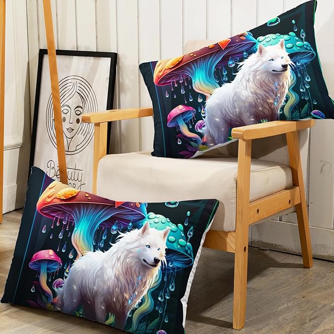 AILONEN White Wolf Fitted Sheet Set Queen Size, Cartoon Mushroom and Cute Wolf Bed Sheet Set,3 Pieces Rain Mushroom Fitted Sheet with 2 Pillowcases for Boys Girls