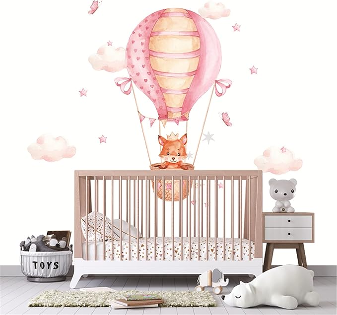 Waterproof Removable Vinyl PVC Hot Air Balloon Fox Safari Animal Star Wall Decal Wall Sticker Decor Peel Art Nursery Kidsroom Classroom Bedroom Bathroom Pink