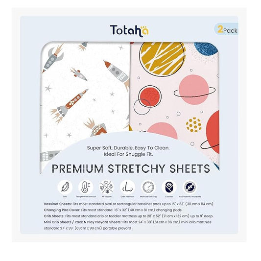 TotAha Premium Soft Space Pack n Play Sheets, Super Stretchy Jersey Knit Mini Crib Sheets Fitted, Silky Comfort Graco Pack and Play Mattress Sheets, 2 Pack