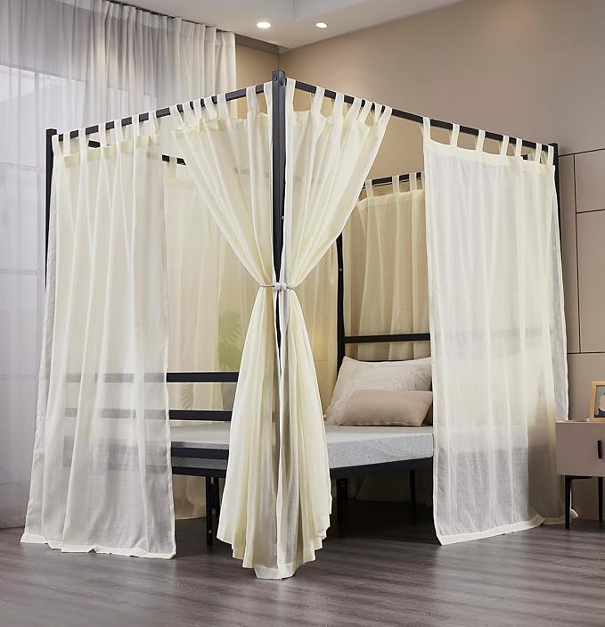 Mengersi Linen Canopy Bed Curtains for Twin,Full,Queen and King Size Bed,Bed Canopy Natural Blended Curtain Panels, 8 Panels Set (All Bed Sizes, Ivory)