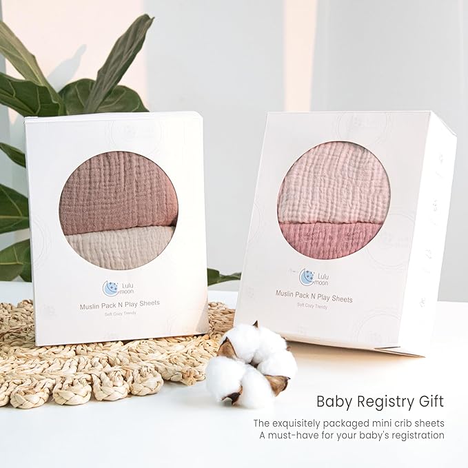 Mini Crib Sheets Muslin: Pack and Play Sheets for Boys and Girls - Cotton Fitted Crib Sheet for Pack N Play Mattress and Playard 2Pack 24"x38"