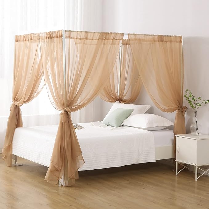 Princess Chiffon Bed Canopy, Canopy Curtains for Queen Bed Adults, 4 Post Bed Drapes Room Decor(Light Coffee)