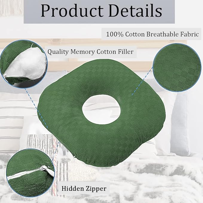 Ear Piercing Pillow for Side Sleepers, Pillow with an Ear Hole for CNH and Ear Pain Ear Inflammation Pressure Sores, O-Shaped Side Sleeping Pillow, Ear Guard Pillow(Dark Green)