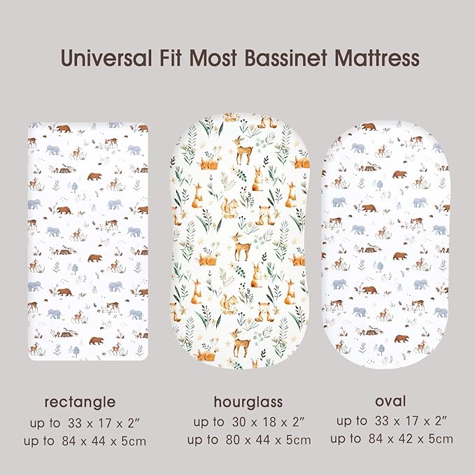 PHF Soft Bassinet Sheet Set, 2 Pack Silky Comfy Breathable Cradle Sheets for Baby Boys Girls, Univeral Fit for Most Oval Rectangle Cradle and Bassinet Mattress/Pad, Woodland