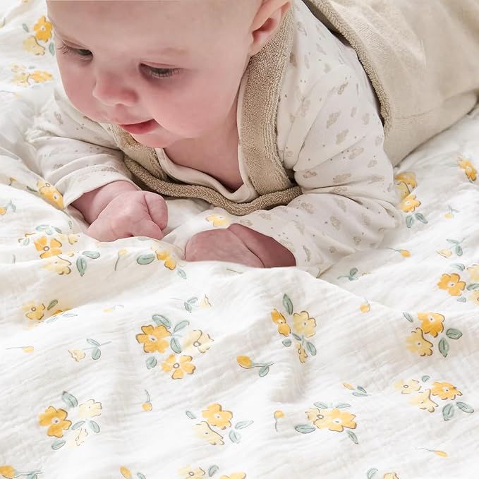 Baby Blankets for Unisex Boys Girls Super Soft Nursery Minky Blankets with Breathable Muslin Cotton Front and 3D Touch Dotted Fleece Backing, Floral Printed Bed Throws Newborn