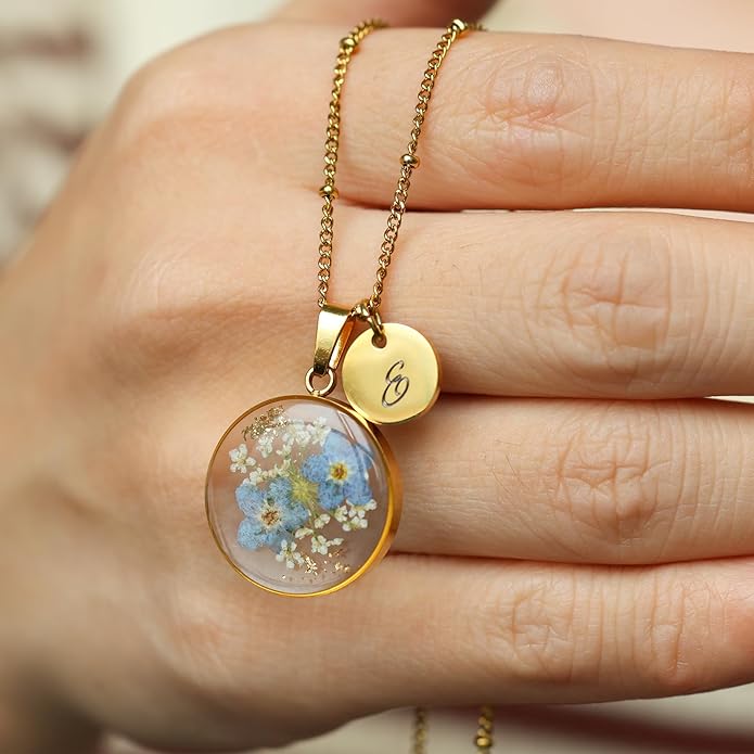 Handmade Pressed Forget-Me-Not Flower Initial Necklace - Real Flower Resin Pendant - Personalized Floral Jewelry Gift for Women - Elegant Botanical Keepsake