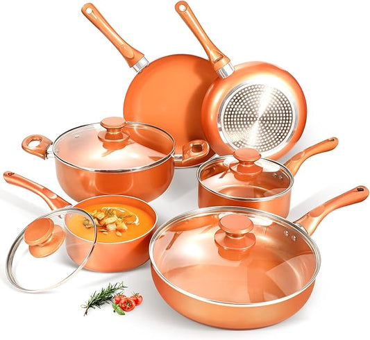 Clockitchen Non Stick Pots and Pan Set, 10pcs Cookware Set with Ceramic Coating, Non-toxic Pan Set Compatible with All Stoves, Dishwasher Safe, Copper