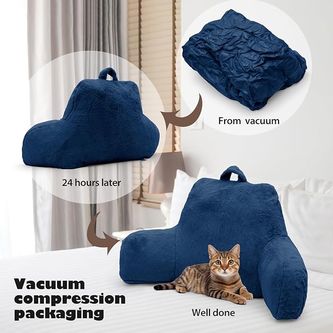 Reading Pillow for Sitting in Bed Adult, Standard Reading Pillow with Memory Foam, Back Pillow for Bed Sitting Up with Extend Arms, Bed Reading Pillow, Blue