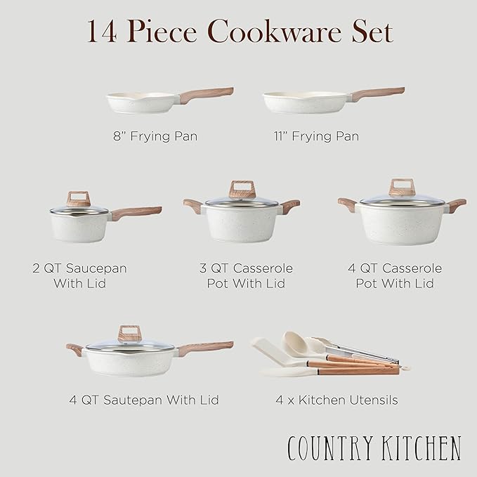 Country Kitchen Pots and Pans Set Nonstick, Cast Aluminum Kitchen Cookware Set with Utensils, 14 Pcs Non Stick Cooking Set w/Frying Pans & Saucepans