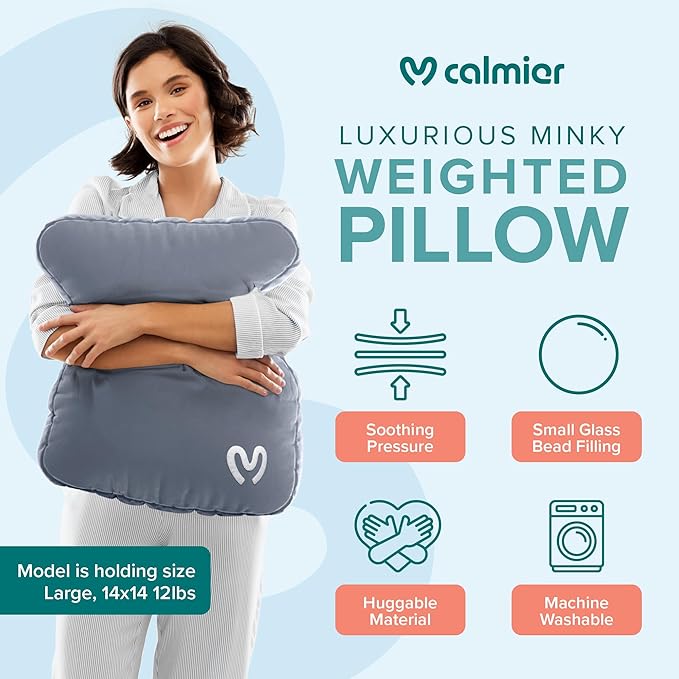 Calmier - 12 lb Sensory Weighted Pillow - Glass Bead Filled Hug Pillow - Ultra Plush Cozy Weighted Pillows for Adults and Kids - Child Sensory Pillow - Weighted Lap Pad (Light Grey - Minky, 12 LBS)