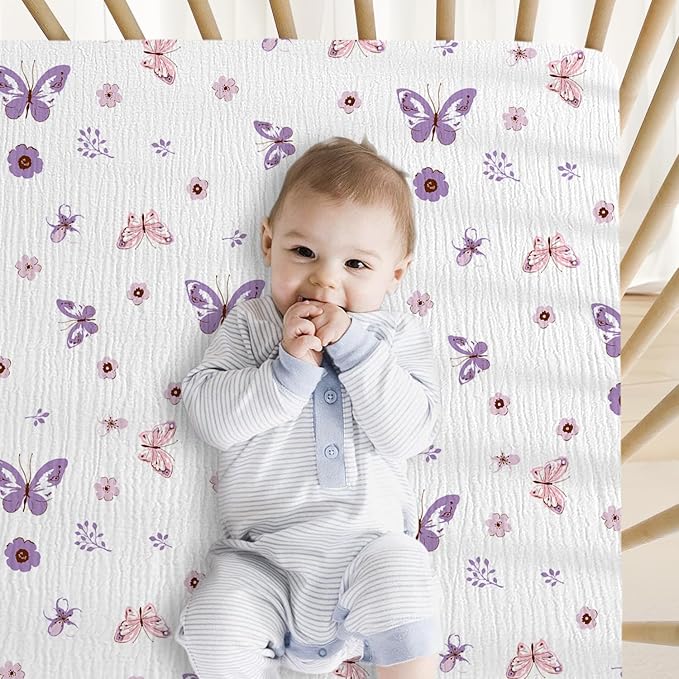 Muslin Crib Sheets, 2pk Neutral Fitted Baby Toddler Bed Sheets for Standard Crib Mattress & Toddler Bed Mattress, 28 x 52 inches, Purple Butterfly